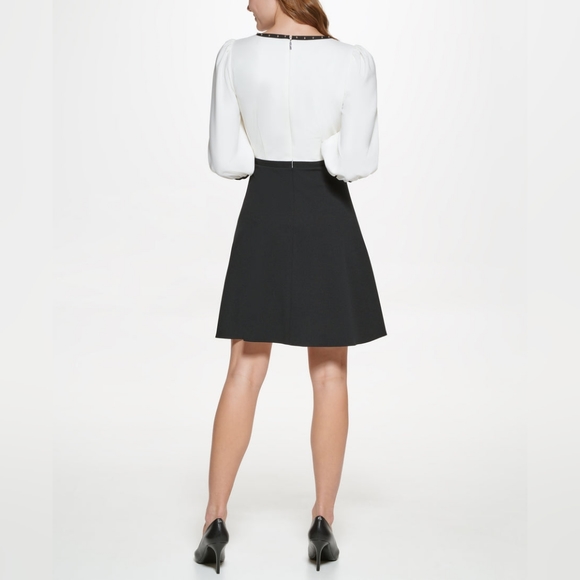 KARL LAGERFELD 3/4 Balloon Sleeve V-Neck Studded Color Block Fit & Flare dress - Picture 3 of 4